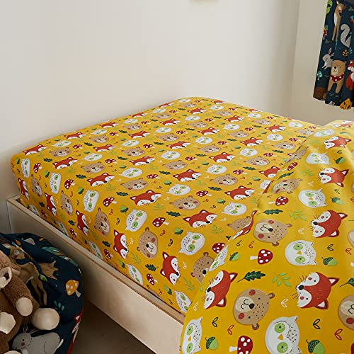 Happy Linen Company Girls Boys Kids Woodland Friends Animals Mustard Orange Toddler Cot Bed Fitted Sheet Bedding