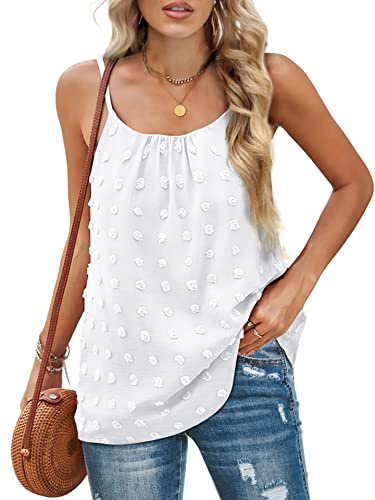 Rayson Chaleco De Verano para Mujer Camisola Sin Mangas Chaleco Suelto Informal Tirantes Ajustables Top con Pompones Color Sólido Camisola(Blanco,XXL)