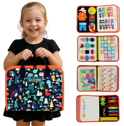 TUNJILOOL Montessori Busy Board - Livre d'activités sensorielles 8-en-1, idéal pour Les Voyages, développement de la motricité Fine et éducation préscolaire
