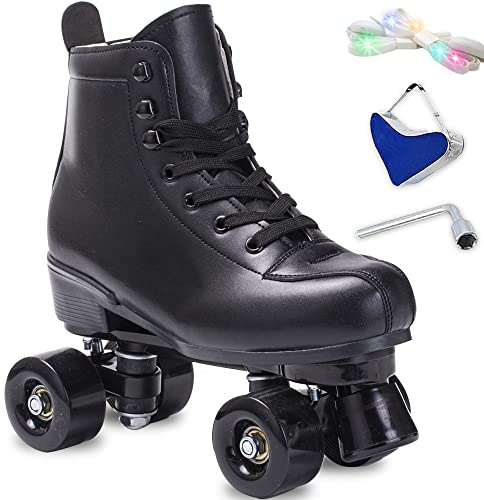 Roller Skates Women Men High-Top PU Leather Roller Skates Classic Double-Row Roller Skates Outdoor Indoor Quad-Skates with Light up Shoe Laces (Black Black Wheel, 44-US Men 10= Women 11)