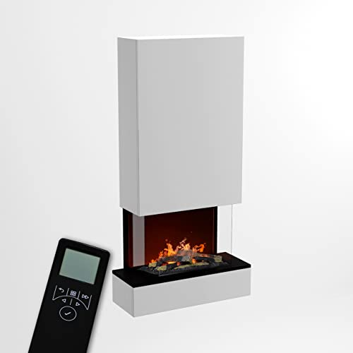 GLOW FIRE Wasserdampf Kamin HÖLDERLIN Hoch (Wandkamin) - Elektrokamin für die Wand mit realistischen LED 3D-Flammen, Knistereffekt & Fernbedienung, 80x158x40 cm, Opti-Myst 600 mit Holz-Deko, Weiß