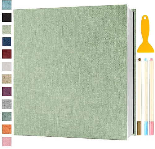 Album Fotos Autoadhesivo 33x32 de Lino Álbum de Fotos para Pegar Y Escribir Grande Photo Album Tradicionales Personalizados Scrapbook Bebe Comunion Libro Firmas Boda, 120 Páginas Verde Hierba
