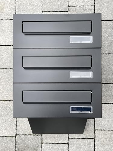ALSTEN TECH 3er Dreifach Mauerdurchwurf Briefkasten für Mehrfamilienhaus oder Büro - Briefkastenanlage zum Einmauern - 3 Familienhaus 3fach mit Namensschild Schwarz Matt RAL 9017 Einbaubriefkasten