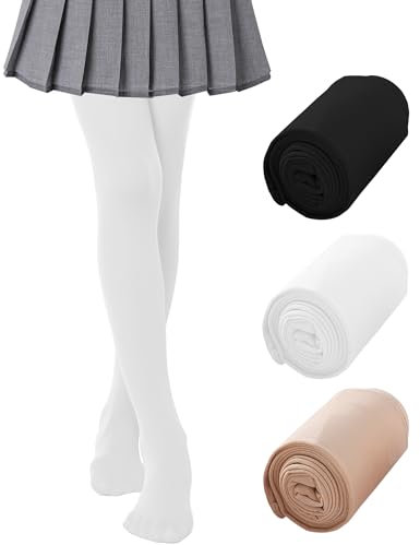 Kiench Kinder Mädchen Strumpfhose Microfaser 80 DEN 3er-Pack Schwarz & Weiß & Beige EU XXL/Größe 146-152-158/11-13 Jahre