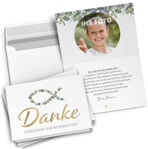 Einladungskarten Manufaktur Hamburg 10 PERSONALISIERTE Dankeskarten mit Text und Foto - Danke Fisch Blüten - Dankeskarte Kommunion Konfirmation Taufe Hochzeit kirchlich mit Umschlägen