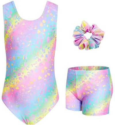 JiAmy Fille Justaucorps Gymnastique, Combinaison de Gymnastique à Sans Manches Pétillant pour Fille avec Short et Serre-tête, pour Enfants de 3-12 Ans