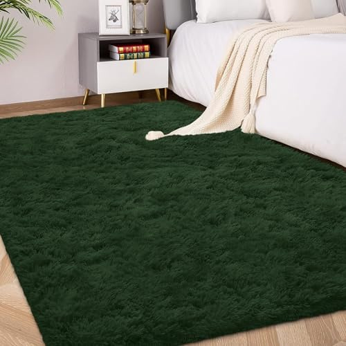 Weicher Langflor Teppich in Waldgrün-flauschig & kuschelig für Wohnzimmer