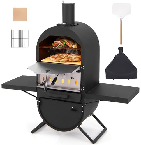 GOPLUS Horno de Pizza para Exteriores, Horno de Pizza a Leña con Piedra para Pizza de 31 cm, Pala para Pizza, Parrilla de Cocción, Horno para Pizza Independiente con 2 Estantes para Camping, Fiestas