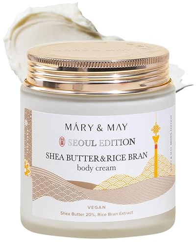 Mary&May SEOUL EDITION Shea Butter & Rice Bran Body Cream - Korean Vegan Boby Moisturizer for Dry and Sensitive Skin with Ceramide - Fragrance Free Body Butter, 8.45oz.