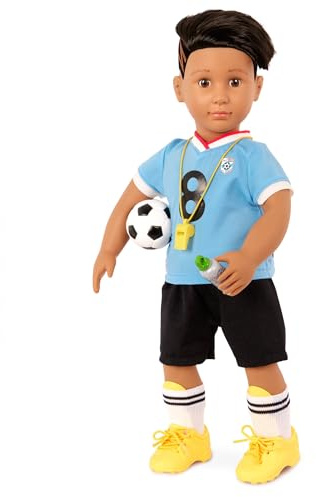Our Generation Mateo 18-Inch Boy Doll, Posable Soccer Uniform Set, Dolls | Posable 18-inch boy doll with soccer outfit, ball, whistle, water bottle, and 2 cones for pretend play, Mateo, 5+ Years