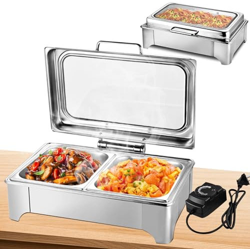 VFDZ Chafing Dish Elettrico, 9L Scaldavivande Buffet Elettrico, Acciaio Inox Scaldavivande Catering Buffet, Scaldavivande Elettrico Ristorante con Coperchio Trasparente per Catering, Party (1/2)