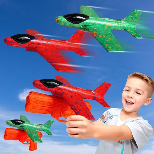 3 Packs Airplane Launcher Toys Glider Planes for Kids Catapult Aeroplane Toy with Gun Foam Airplane Throwing with Catapult Gun Outdoor Toys Gift for Kids (Random Colors)