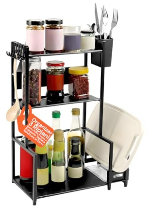 Avilia Scaffale 3 Ripiani Ferro con Ganci Porta Posate Porta Tagliere – Organizer Cucina Utensili Spezie Bottiglie Salvaspazio - Piano Cottura Dispensa