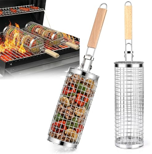 Cestello Rotolabile per Barbecue, Manico Rimovibile, Cestini per Barbecue Rotondi, Acciaio Inossidabile 304, Griglia Carbonella per Esterno Campeggio Cucina, per Verdure, Pesce e Carne, Gamberetti