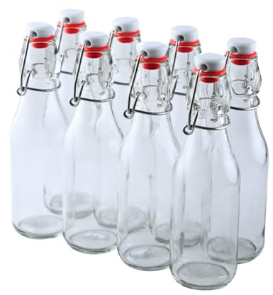 FastRack 8.5oz Swing Top Glass Bottles (Pack of 8) | Clear Resealable Flip Top Bottles with Airtight Lids – Reusable Grolsch-Style Bottles for Kombucha, Beer, Soda, Mead, Vinegar & Olive Oil