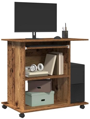 QZZCED Scrivania per computer compatta in compensato 80 x 50 x 75 cm con ripiano scorrevole per tastiera, scaffale per torre CPU e ruote girevoli - Mobile da ufficio