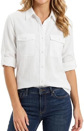 Enmain Camisa Blanco Mujer Manga Larga Camisa de Lino con Botones y Mangas Remangables Blusa Casual con 2 Bolsillos para Verano y Playa M