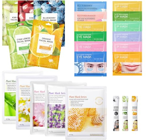 25PCS Kit de Mascarillas Faciales, con Mascarilla Labios y Parches Ojeras