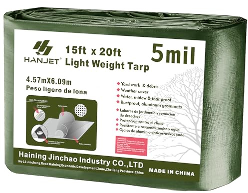 Hanjet Waterproof Heavy Duty Tarp 15 x 20 5 Mil Thick PE Tarp Army Green Camping Outdoor Garden Wooden Cover Tarpaulin Tearresistant