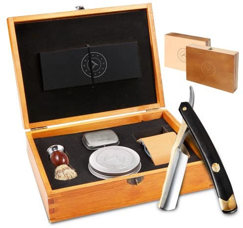 Complete Straight Razor Kit - Straight Razor Shaving Kit for Men with Gold Japanese Stainless Steel Blade, Leather Strop, Shave Soap, Shaving Brush, Strop Paste, Leather Case, Gift Box