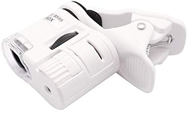 QiCheng&LYS Lupa para Movil, LED + Luz Ultravioleta con Micro Lente con Clip para Teléfonos Móviles Universales Abrazadera Universal para Teléfono (60x Clip Blanco)