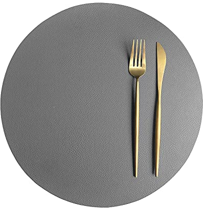 Rund Tischsets Abwaschbar, Zweifarbig Leder Kunstleder Platzset Wasserdicht Platzdeckchen Lederoptik für Hause Küche Restaurant und Hotel, 32cm (Dunkelgrau+Beige,4 Stück)