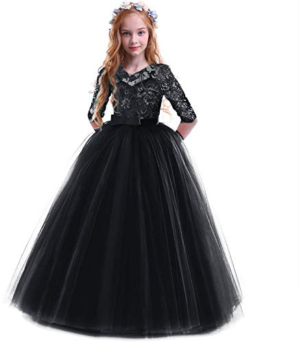 Odizli Vestidos de niña de flores, manga 3/4, encaje, vestido de princesa, vestido de tul para boda, dama de honor, cumpleaños, vestido de fiesta, vestido largo de noche, Negro , 9-10 años