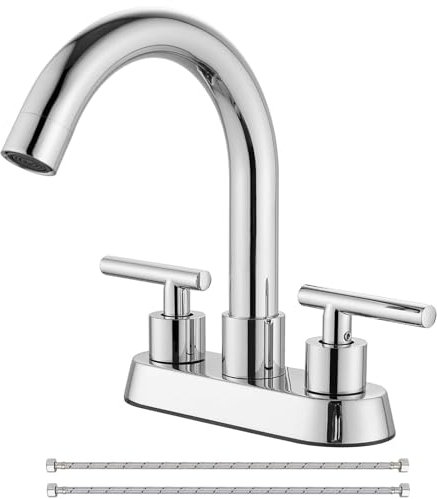 Cinwiny Robinet d'évier de salle de bain central de 10,2 cm à double trou à 2 poignées Robinet de lavabo bec pivotant à 360 ° Robinet mitigeur à montage sur pont Chromé poli