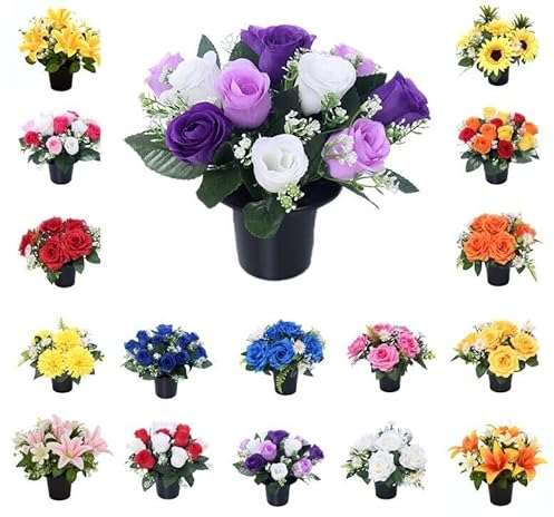 Mr. Barry’s Rose Artificial Flowers in Grave Flower Pots – UV-Resistant, Long-Lasting Design for Cemetery, Grave Displays, Home & Garden Memorial Arrangements (Purple Lilac & Ivory)