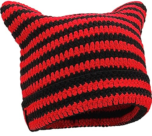 XYIYI Noir Rouge Chapeaux en Crochet pour Femmes Chapeau en Tricot à Oreilles de Chat Bonnet Vintage Accessoires Grunge Bonnets Souples pour Femmes