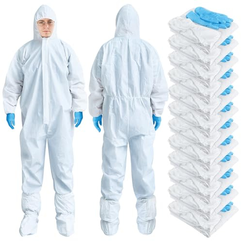 TrelaCo 25 Set Hazmat Suit Disposable Protective Coverall Suit with Shoe Cover Nitrile Gloves Breathable Water Proof Paint Coveralls (L)