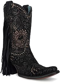 CORRAL LADIE'S BLACK/GOLADIE'S STAMPED FLORAL SUEDE STUDS & FRINGES ANKLE BOOT NARROW SQUARE TOE, CORRAL SMALL SOLE,COWHIDE LEATHER, URBAN BOOT, A4492