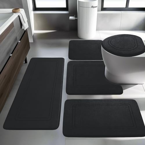 chakme Juego de 5 alfombrillas de baño de espuma viscoelástica antideslizante, lavable, juego de alfombras para inodoro, ducha y bañera, color negro