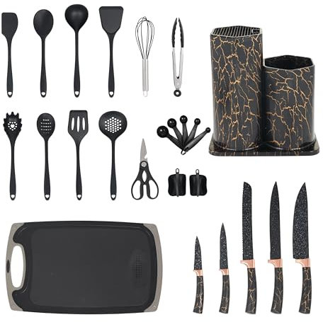Kitchen Zen 25-Piece Kitchen Utensil and Knife Block Set, Accessories, Stainless Steel Knives, Silicone Utensils & Spatula Set, Whisk, Scissors, Chopping Board and Storage Container, Black