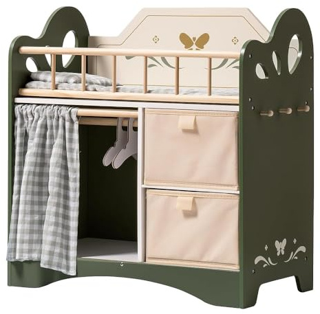 ROBUD Baby Doll Bed,Doll Bed with Storage and Bedding, Sturdy Baby Doll Cribs for Girls,Nice Gift of Doll Beds for 18 Inch Dolls to Children, Green
