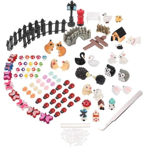 VOANZO 103 pièces Accessoires de Jardin de fées Miniatures Kit d'ornements de Jardin Miniatures Animaux de Jardin extérieur Clôture Fleur Pont Forme Décorations
