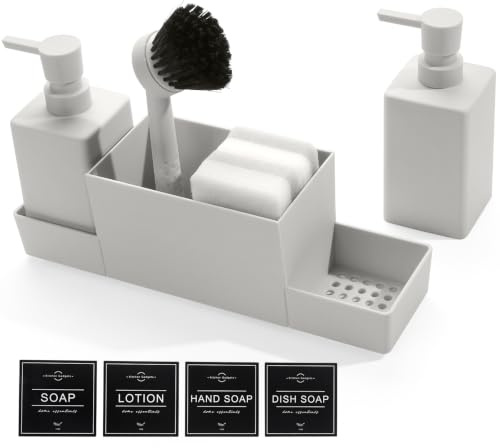 Soap and Washing Up Liquid Dispenser Set with Sponge Caddy and Brush Holder | AJEUNGAIN 4 in 1 Beige Kitchen Soap Dispenser Set, Dish Soap Dispenser for Kitchen Bathroom Countertop Sink Organiser