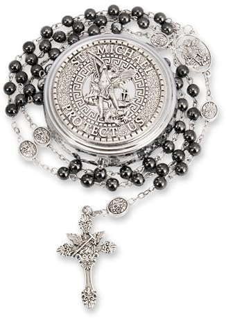 Nazareth Store Rosario de San Miguel Collar de cuentas de piedra hematita Cuentas de gloria de metal Medalla del Arcángel y cruz con caja de regalo de metal, 21, Piedra, No es una piedra preciosa