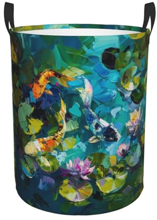 IYOVI koi fish in pond Laundry Hamper Round, Large Canvas Fabric Lightweight Storage Basket Toy Organizer