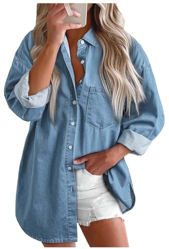 Generisch Camisa vaquera para mujer, talla grande, manga 3/4, traje de primavera, camisa de leñador, chaqueta vaquera, blusa vaquera, blusa vaquera, chaqueta vaquera, chaqueta de lona