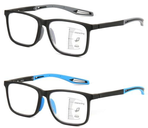 Missfive 2er Pack Sportliche Gleitsichtbrille Herren, Gleitsicht-Lesebrille mit Blaulichtfilter, Vollrand-Raumcomfort-Brillen mit Federscharniere, für Nah- und Mittelabstand, 2.0x