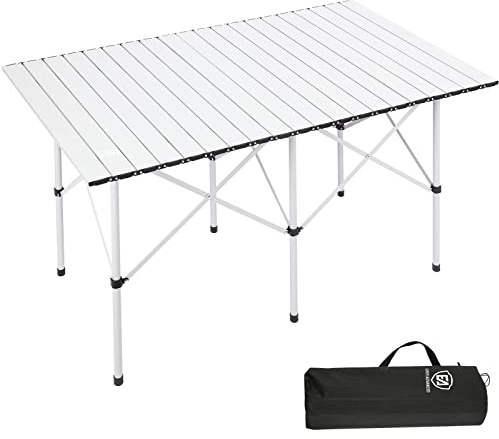 EVER ADVANCED Folding Camping Table 4 ft with Aluminium Roll Up Table Top, Outdoor Garden Table Heay Duty with Carry Bag, Portable for 4-6 Person Picnic, Dinning, Party and BBQ White