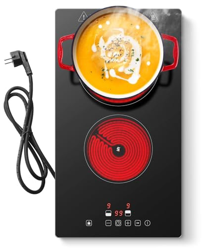 KICHPOWER Plaque Vitrocéramique 2 feux, Plaque de cuisson Electrique 30cm, Commande Tactile, 3000W 9 Niveaux de puissance, Minuterie 1-99 min, Pour toutes les casseroles