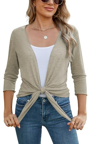 Famulily Sheer Shrug Cardigans for Women 3/4 Sleeve Tie Front Summer Lightweight Cover ups