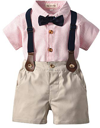UUAISSO Enfant en Bas âge Bébé Garçon Gentleman Tenues à Manches Courtes Body Chemises Jarretelles Pantalon été Infantile Petit Garçon Costumes rayures roses 2-3 ans