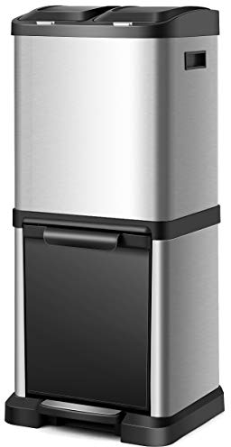 COSTWAY Recycling Pedal Bin for Kitchen Waste, Vertical Waste Separation System, 3 Recycle Compartments, 32L Rubbish Capacity Stainless Steel Trash Garbage Can