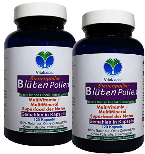 BLÜTENPOLLEN Bienenpollen 240 (2x120) Pulver Kapseln OHNE ZUSATZSTOFFE natürliche Vitamine Mineralien Antioxidantien. Imkerpollen, Imkerqualität. Kalt vermahlen. 100% NATUR pur. 27000-2