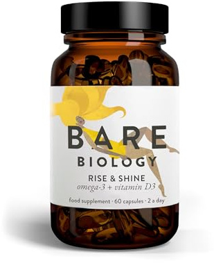 Bare Biology Omega 3 Capsules High Strength + Vitamin D3 - Rise & Shine (30 Servings) 1,600mg Pure Omega 3 Fish Oil EPA 1,035mg DHA 470mg Plus D3 Vitamin 1,000iu. High Strength Omega 3 Supplements