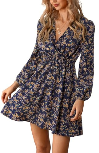 Cupshe Robe trapèze portefeuille, à col en V, surplis et manches longues, décontractée et courte, motif floral, pour femmes, Multicolore, L