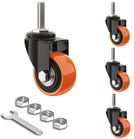 4 stycken 40 mm möbelhjul små utan möbelbroms, hjul för möbler, hjul för tunga lasthjul med 180 kg lister, 40 mm stjälkar, 360 graders rotation (orange, M8)
